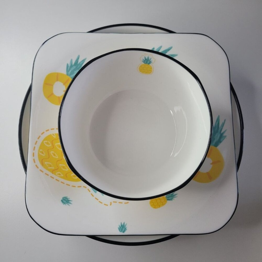 Pineapple Enjoy Life Plate Bowl Dish Set 4 Piece Raise Side Yellow Ceramic Fruit - Picture 2 of 7